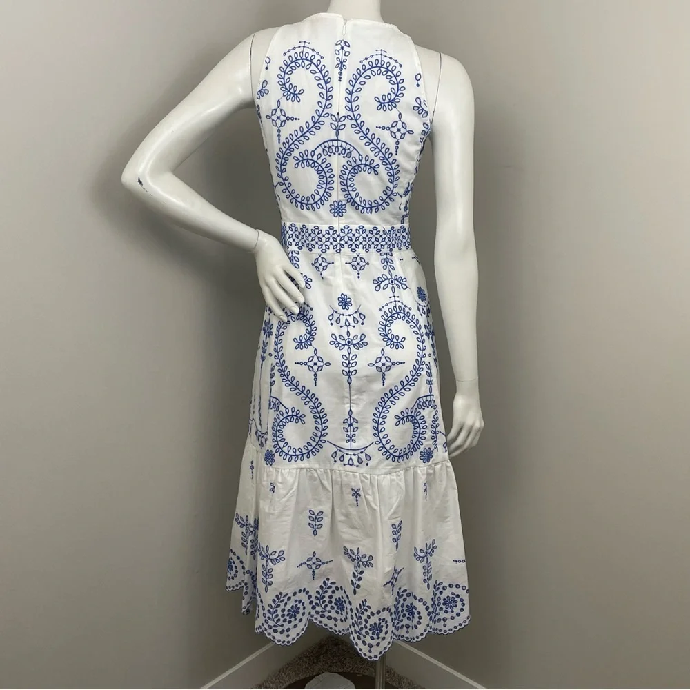 Tory Burch White Midi Dress with Blue Embroidery